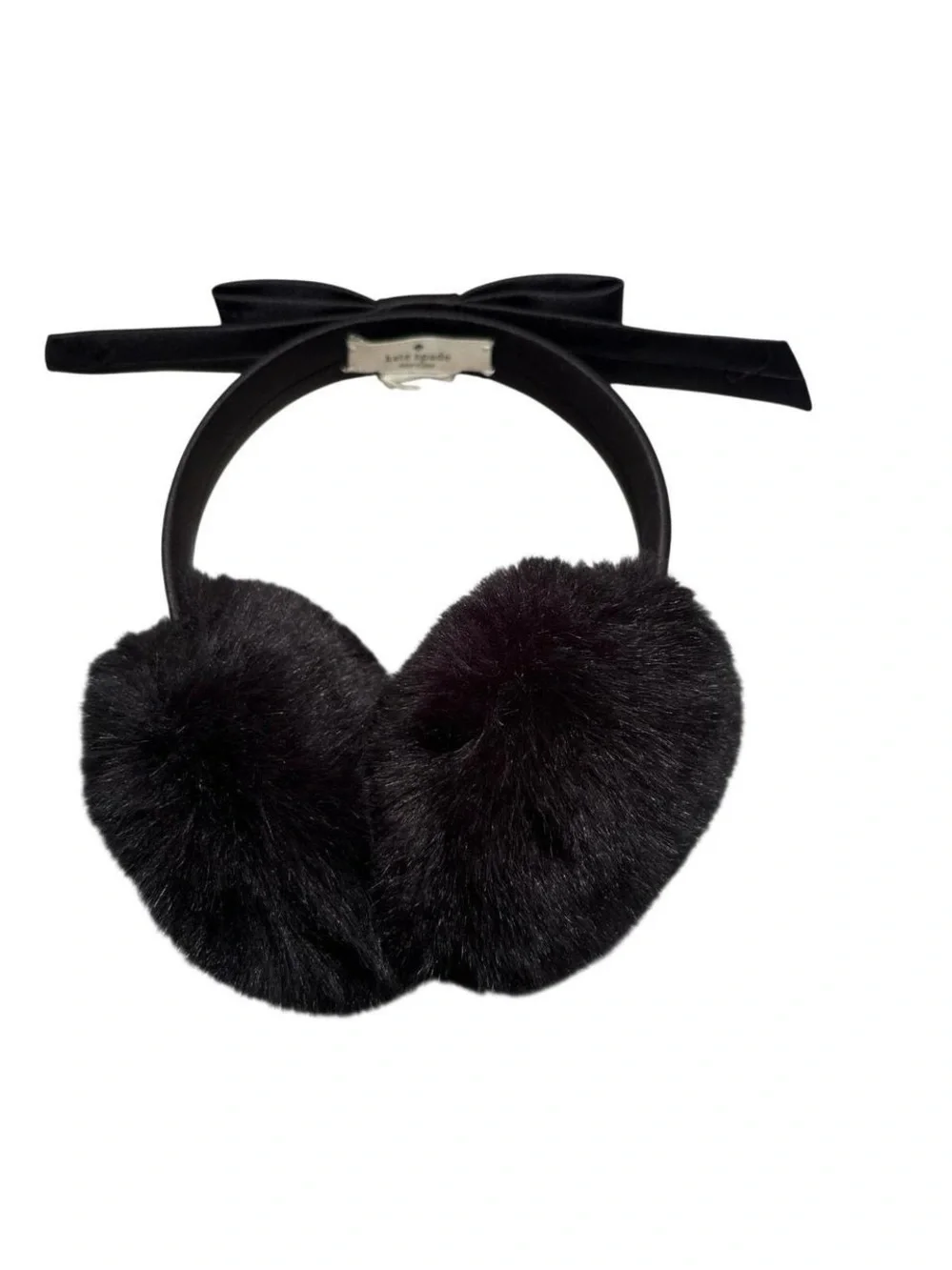 kate spade Black Faux Fur Heart Earmuffs with Ribbon Bow